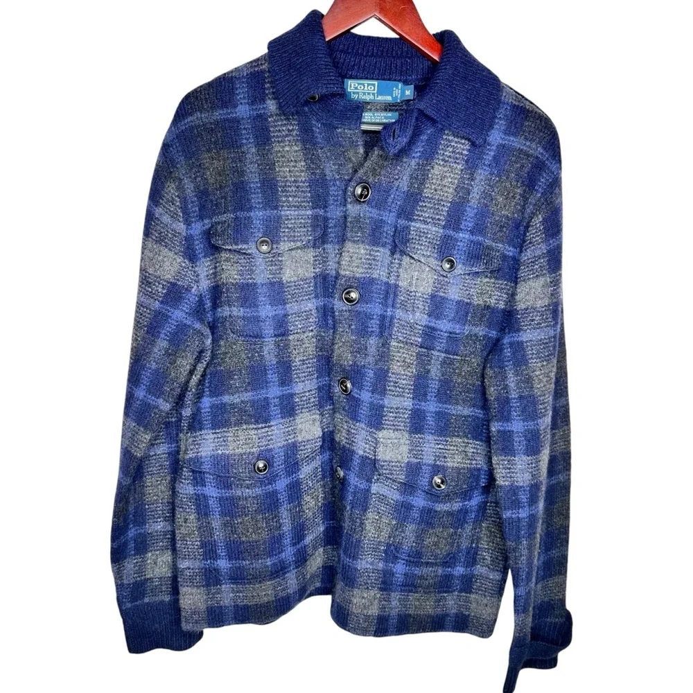 Vintage 80s Polo Ralph Lauren Plaid Wool & Alpaca Cardigan Sweater Jacket Blue
